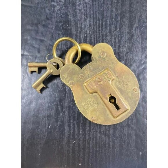 Big Vintage Admiralty Brass USN NavyNo. 4 Padlock and 2 Keys 4 Brass Levers Mi
